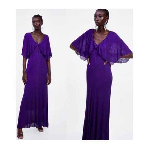 Zara Womens Dress Size Small Purple Metallic Maxi Long Flutter Sleeves - Picture 3 of 7